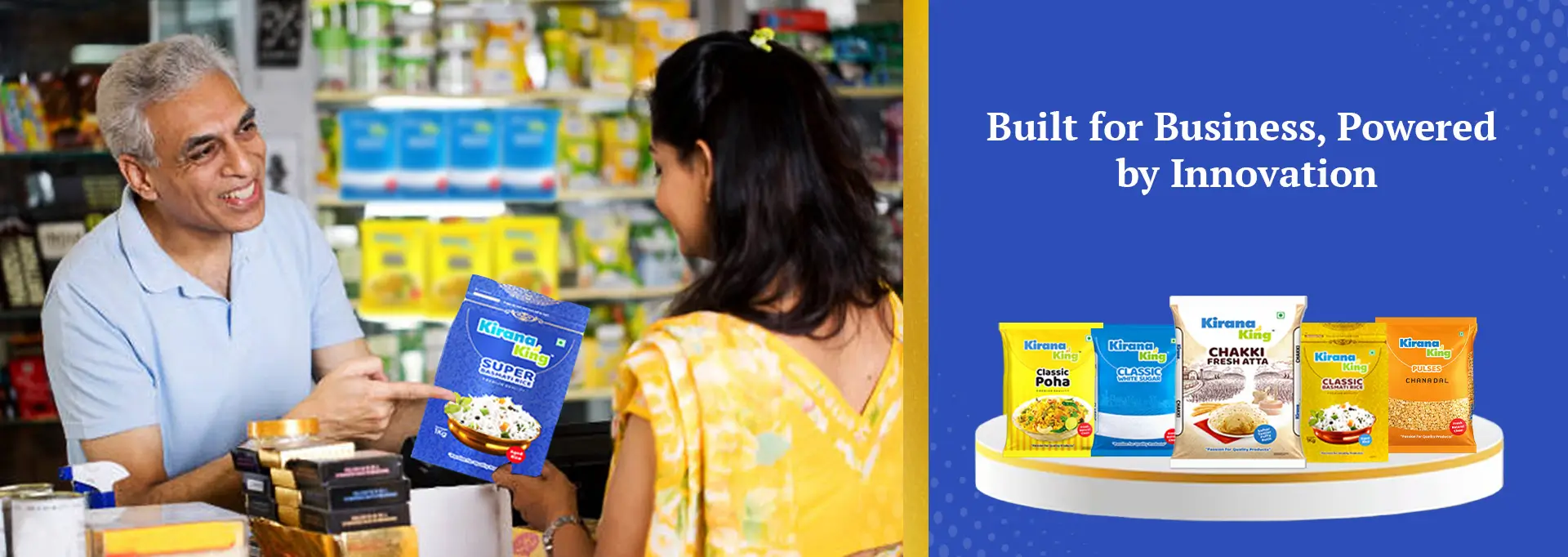 Grocery store owner promoting Kirana King Super Basmati Rice 1Kg in innovative re-closable zip lock pack to female shopper, highlighting smart packaging, premium rice quality, convenience, and competitive pricing.