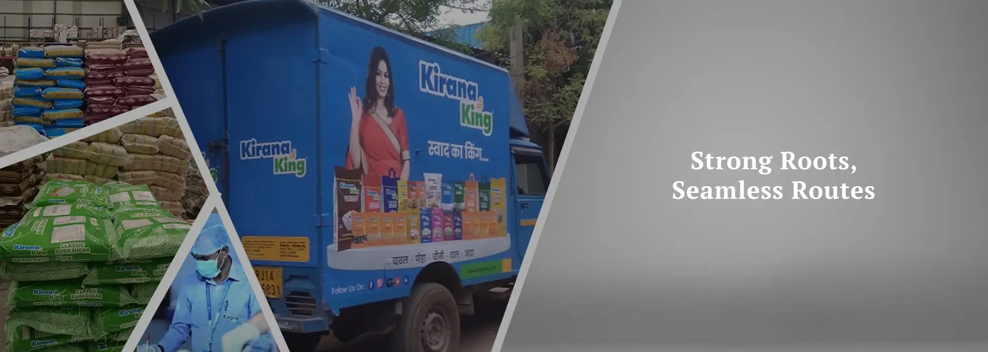 Banner showcases Kirana King’s infrastructural prowess with a state-of-the-art mechanised distribution center, packaged merchandise stock stacks, active quality control operations, and branded delivery van, reflecting efficient logistics, supply chain excellence, and last mile customer order fulfillment.