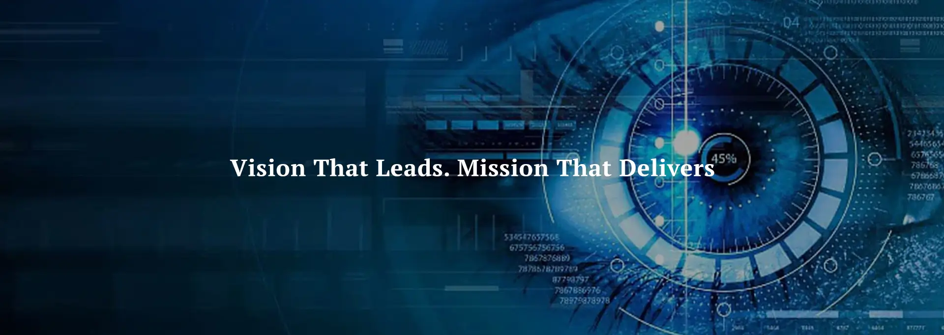Banner showcases a digital illustration of a human eye with futuristic graphics and data overlays to symbolize the significance of Vision and Mission statements towards achievement of business goals.